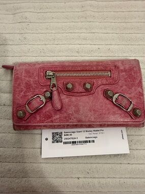 Balenciaga Distressed Pink Leather Wallet with Buckle Trim